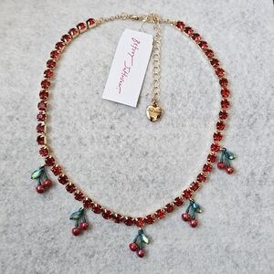 Betsey Johnson CHERRY Gold Tone Crystal Stones Tennis Necklace